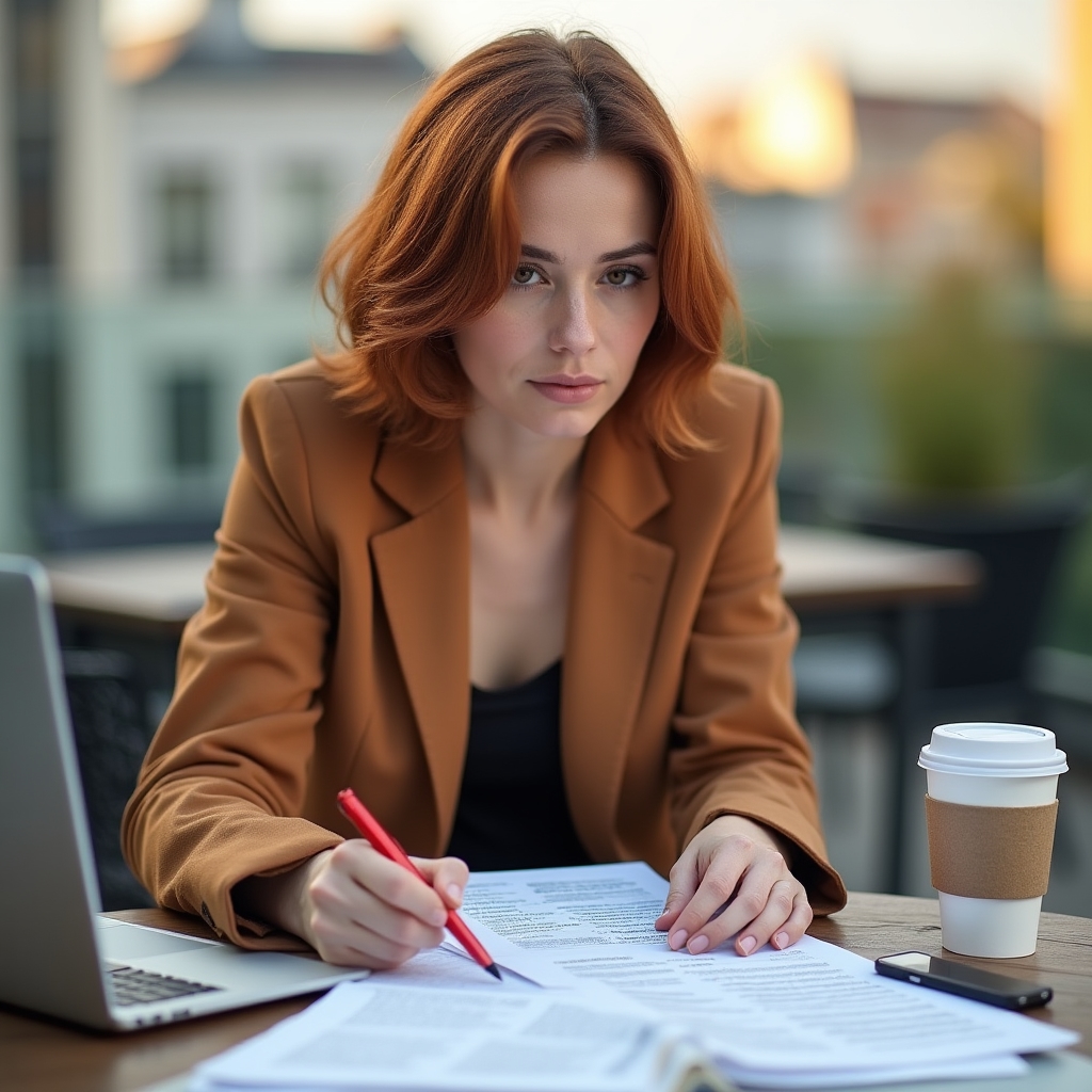 Antreprenor analizând texte de copywriting pe laptop într-un spațiu de lucru modern