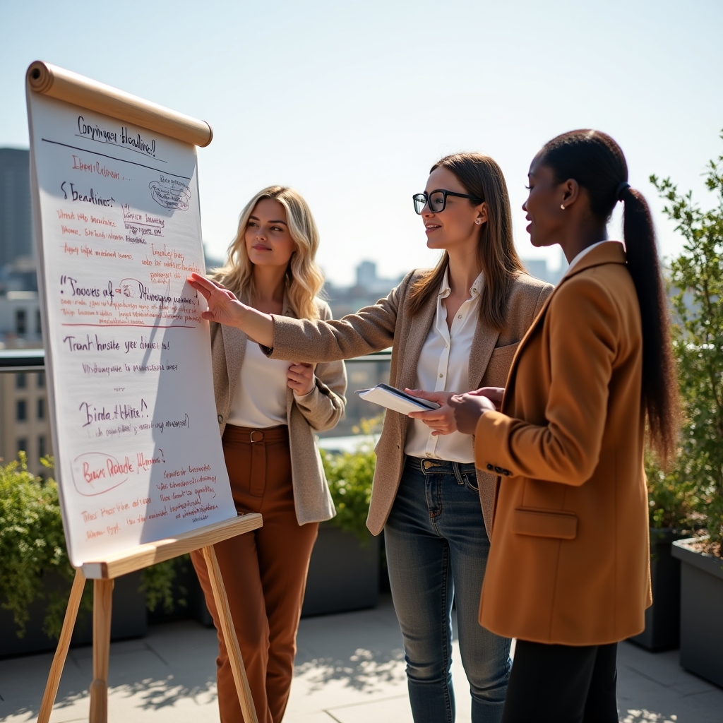 Echipă de marketeri în atelier de copywriting, discutând texte pe flip chart